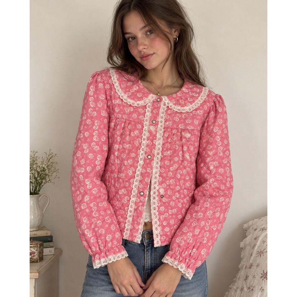 VERMONT COUNTRY STORE Quilted Floral Jacket Women M Pink Lace Cottagecore Vtg